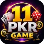 11PKR Game feature image showing a colorful gaming logo with golden text, playing cards, dice, and coins on a dark glowing background.